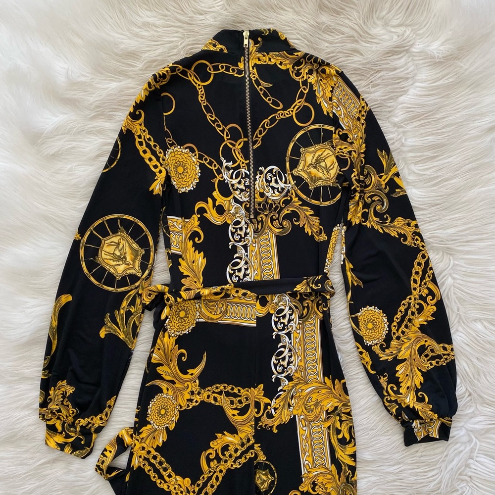 Fashion Nova Black Yellow Gold Chain Print Wide Leg High Status Jumpsuit Gaudy - Picture 10 of 14